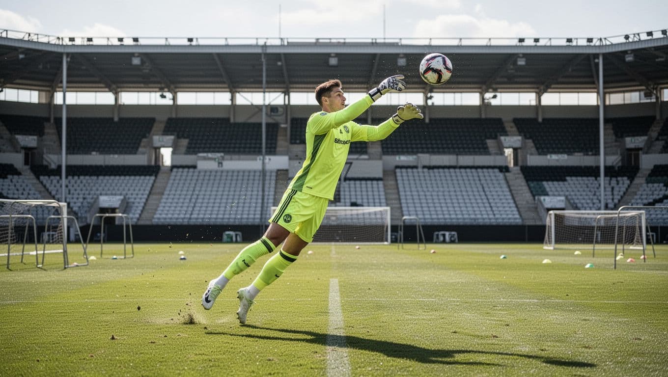 A goalkeeper in a vibrant yellow and green kit makes a save on a sunny pitch.