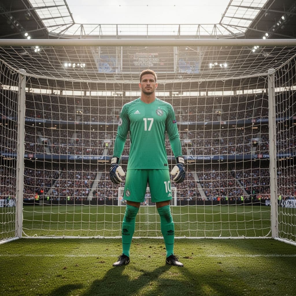 A focused goalkeeper stands confidently in front of a goal net at a large football stadium.