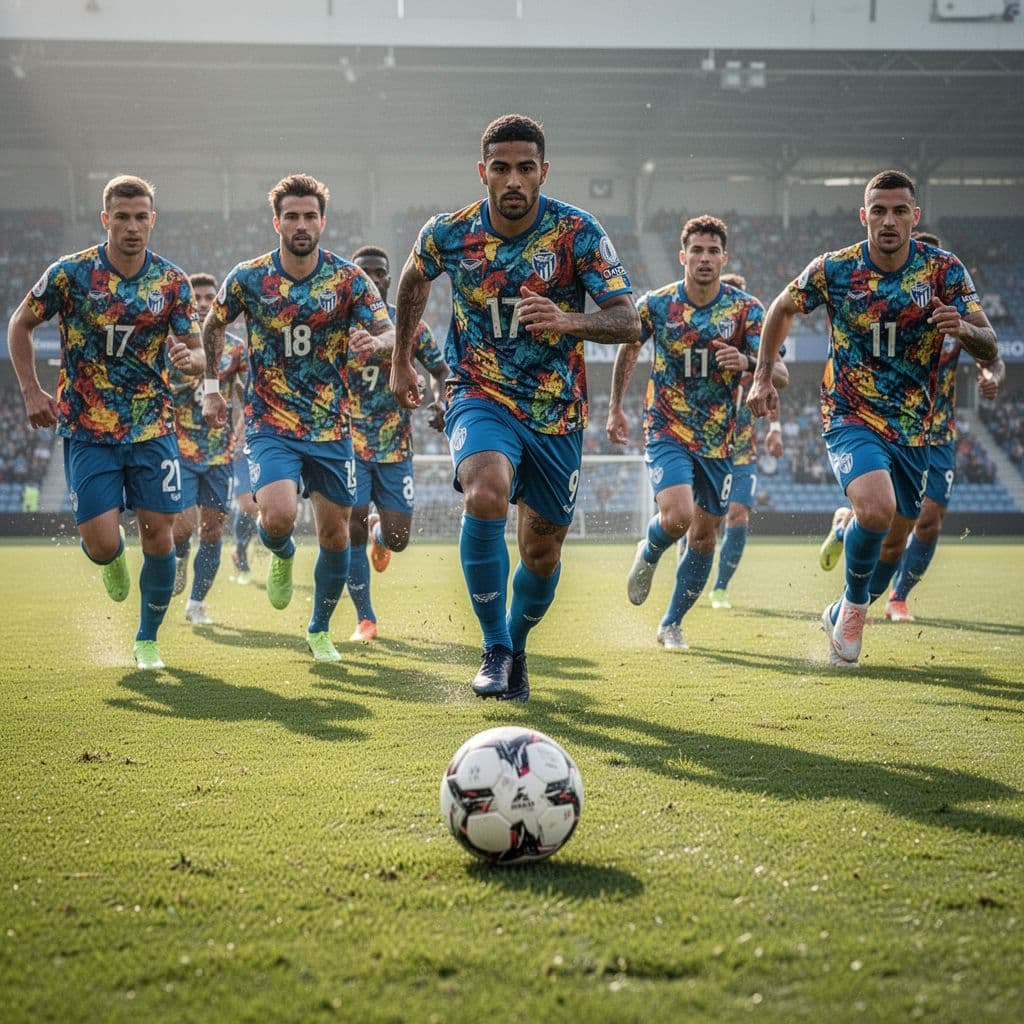 Professional soccer players in colorful kits compete on a vibrant green field during a sunny match.