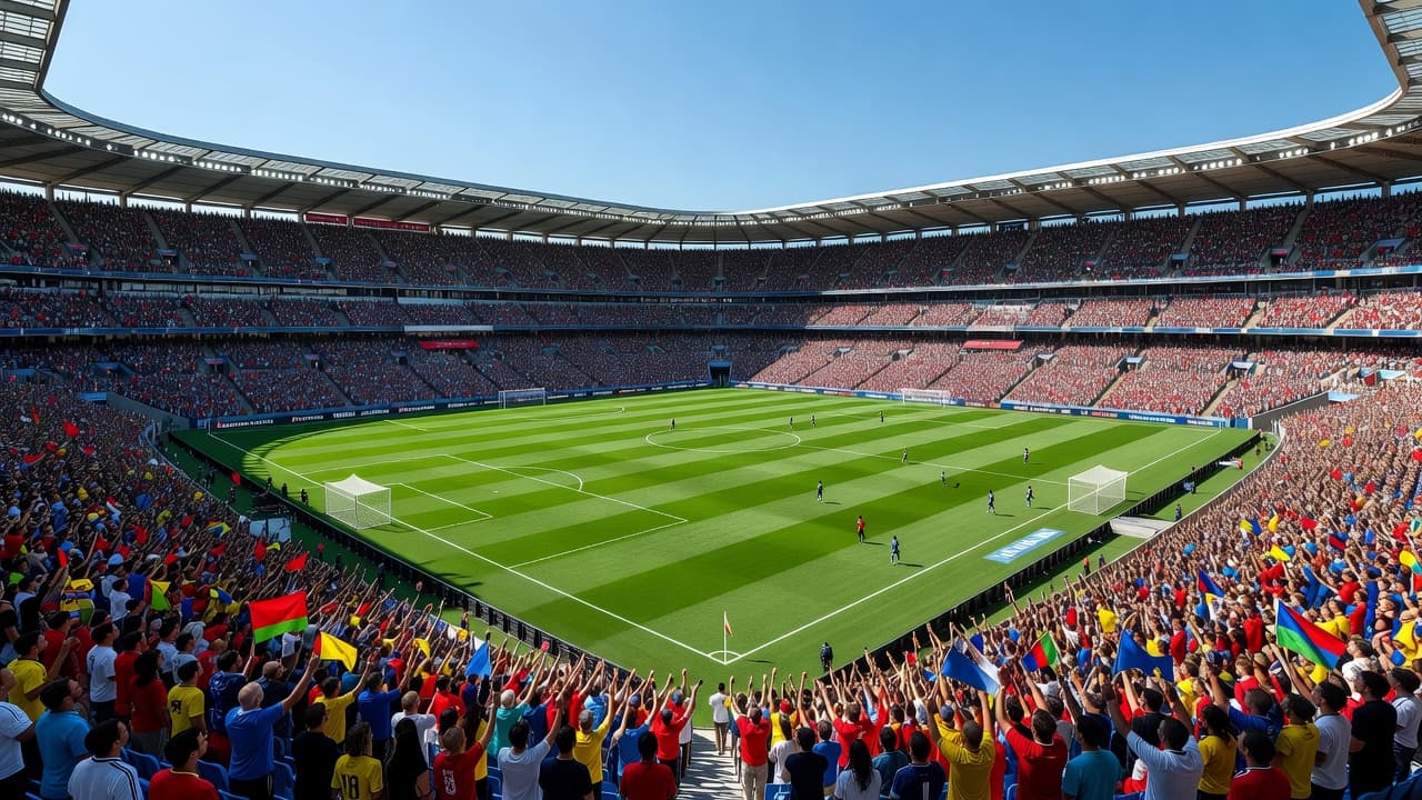 A sprawling professional soccer pitch features vibrant green grass surrounded by towering tiered seating packed with crowds. Bright natural sunlight illuminates the vast arena during a clear, crisp afternoon match day.