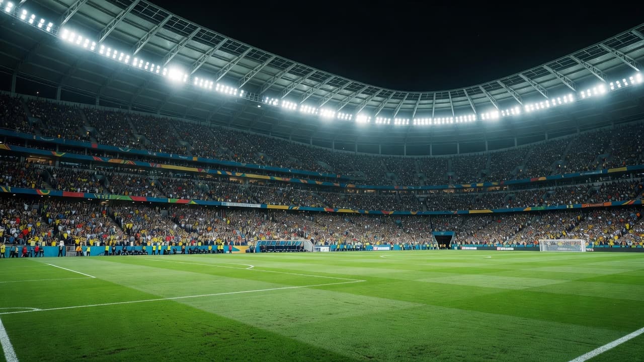 A sprawling soccer stadium glows under bright floodlights with thousands of fans packing the stands during a major tournament. The pitch features lush, vibrant green grass under the evening stadium lights.