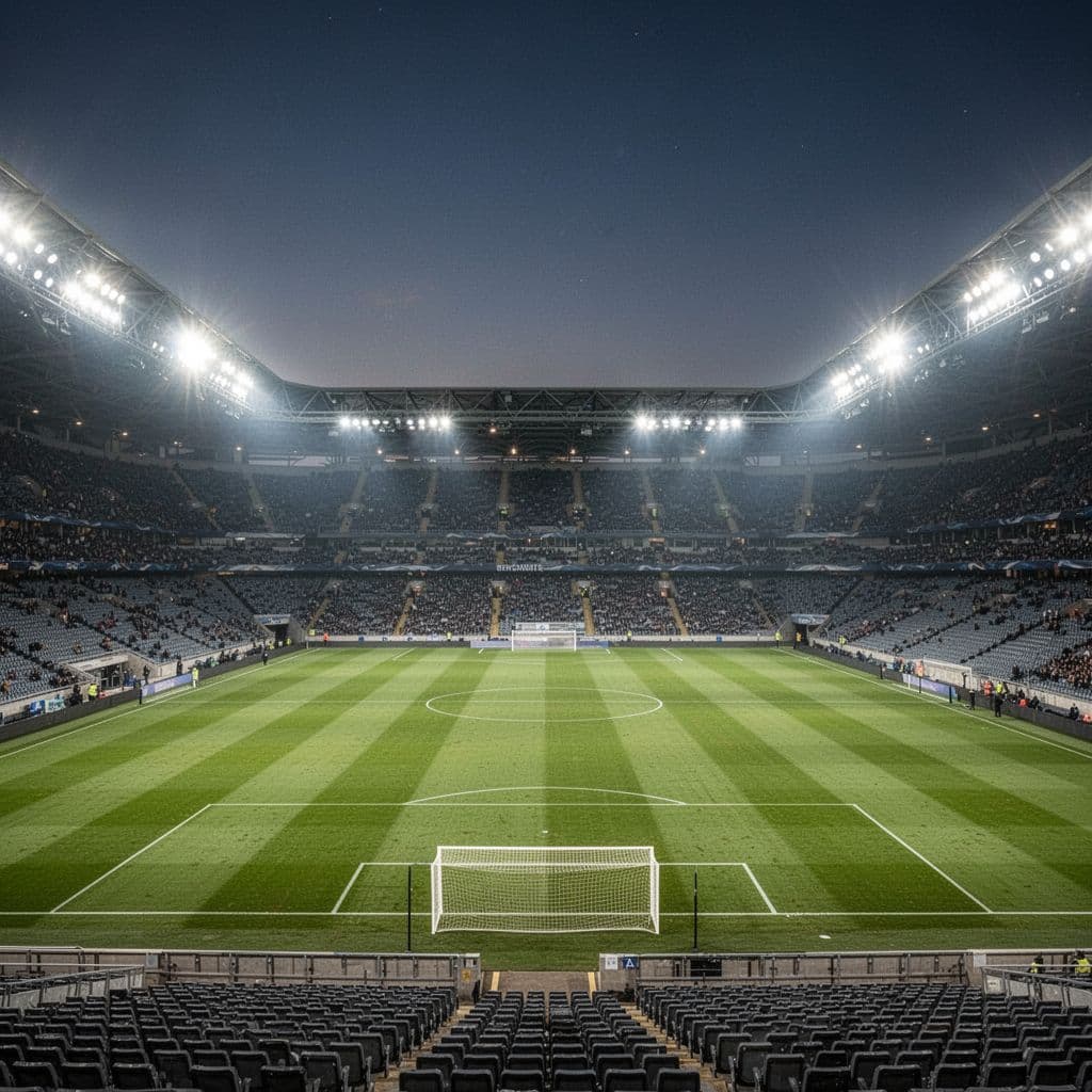 A wide angle view of a pristine soccer stadium at night under bright artificial floodlights.