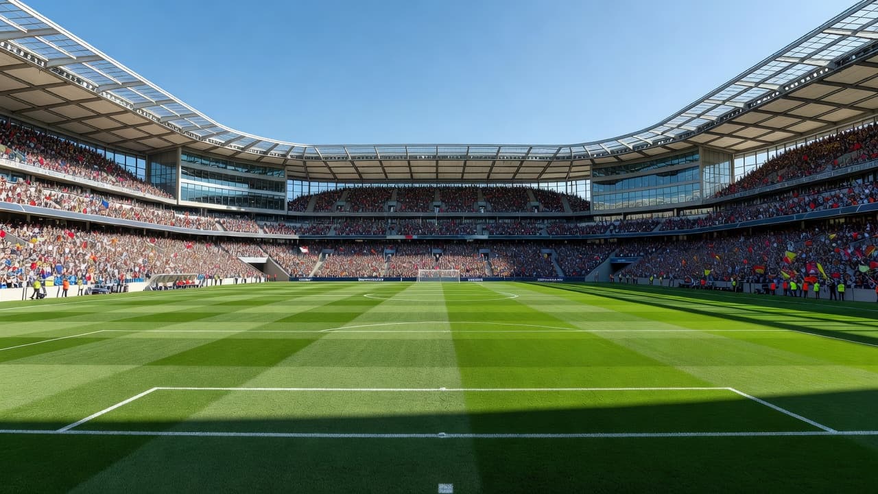 A sprawling outdoor arena features a lush emerald pitch centered within tiered seating rows filled with spectators. The bright daylight illuminates the vast green grass and architectural curves of the structure.