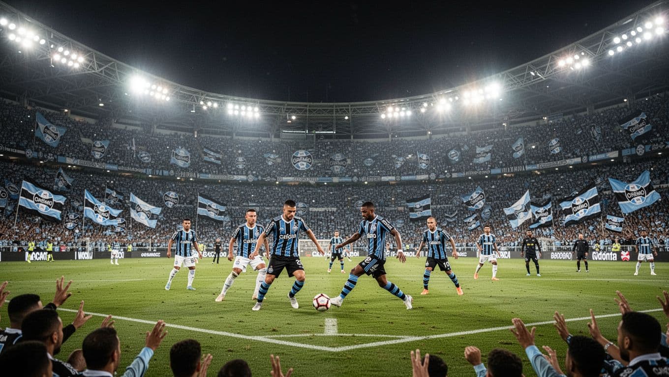Arena do Grêmio packed during night match, Grêmio players in blue-black jerseys on field, fans cheering with flags.