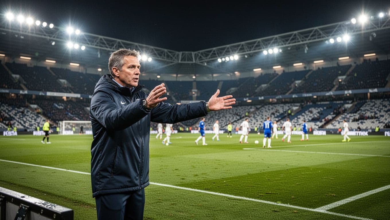 Grêmio coach on sidelines gestures to players in blue-black jerseys during night Serie A match at Arena do Grêmio.