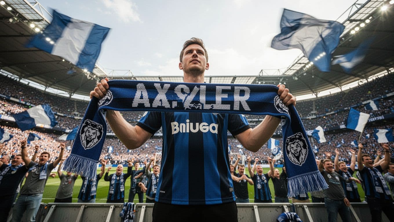 Grêmio supporter in blue-black jersey holds scarf in crowded Arena do Grêmio stadium with cheering fans behind.