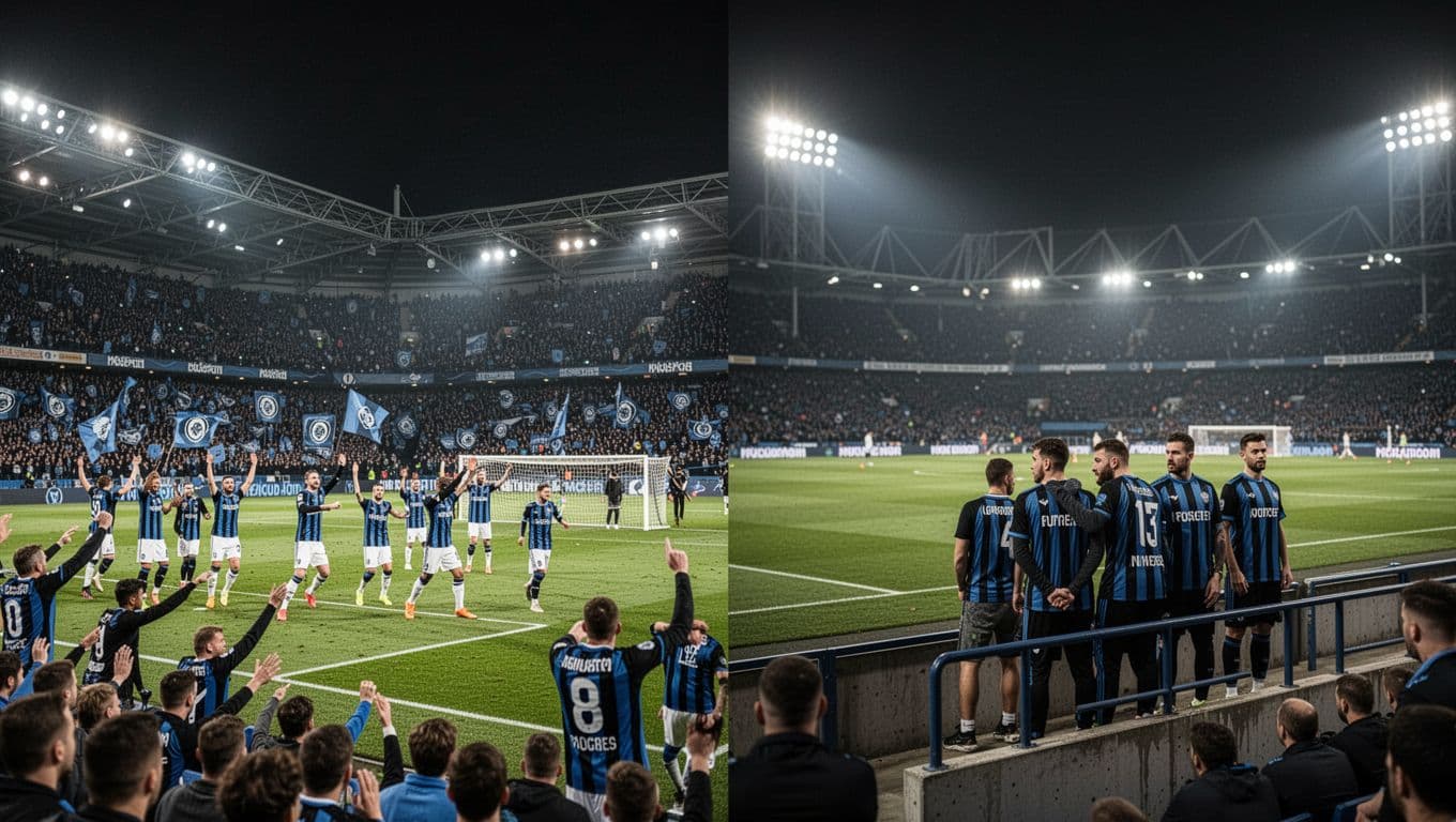 Split-view shows packed Arena do Grêmio home crowd cheering left, small away fan section under pressure in rival stadium right.