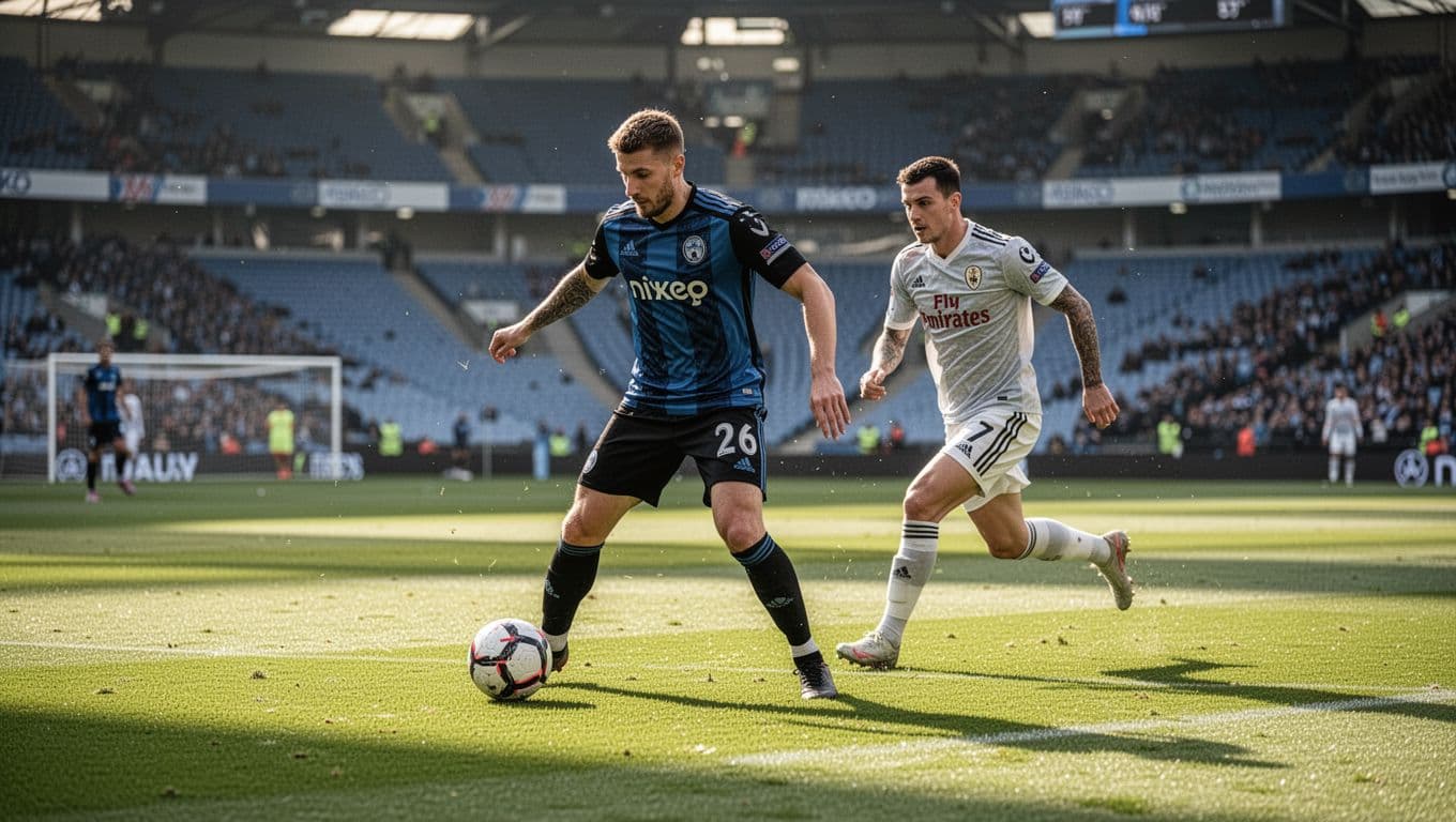 Grêmio midfielder in blue-black jersey dribbles soccer ball through midfield as opponent chases on green stadium pitch.