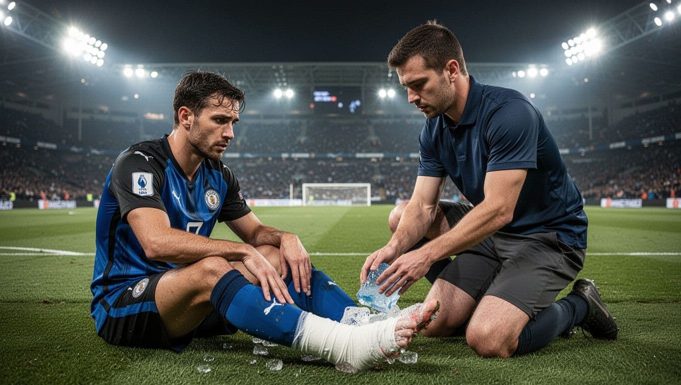 Grêmio player in blue-black jersey sits on sidelines with bandaged ankle as trainer kneels applying ice pack in night stadium.