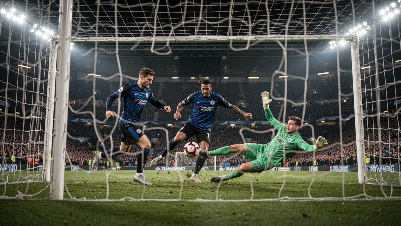 Grêmio player in blue-black jersey scores past diving goalkeeper with teammate assist, net rippling in night stadium.