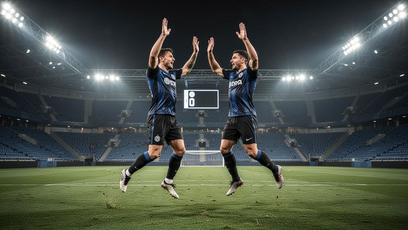 Two Grêmio players in blue-black jerseys jump arms raised facing each other on green pitch, scoreboard shows 1-0 under night stadium lights.