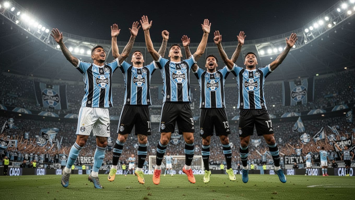 Five Grêmio players in blue-black jerseys jump with arms raised celebrating a goal at Arena do Grêmio stadium at night.