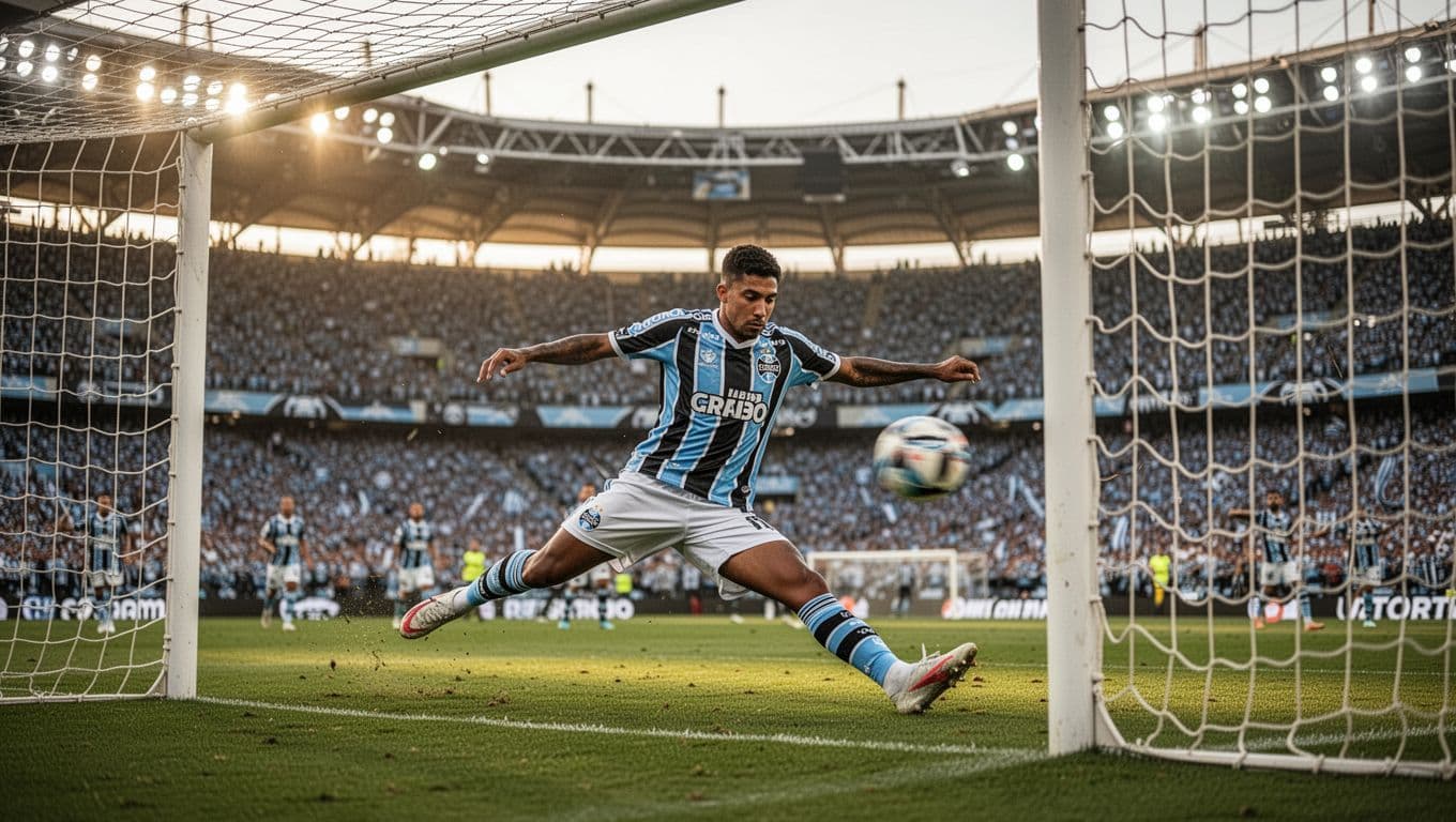 Collage of four Grêmio scenes: player scoring goal, defensive tackle, fans celebrating, coach gesturing in blue-black jerseys.