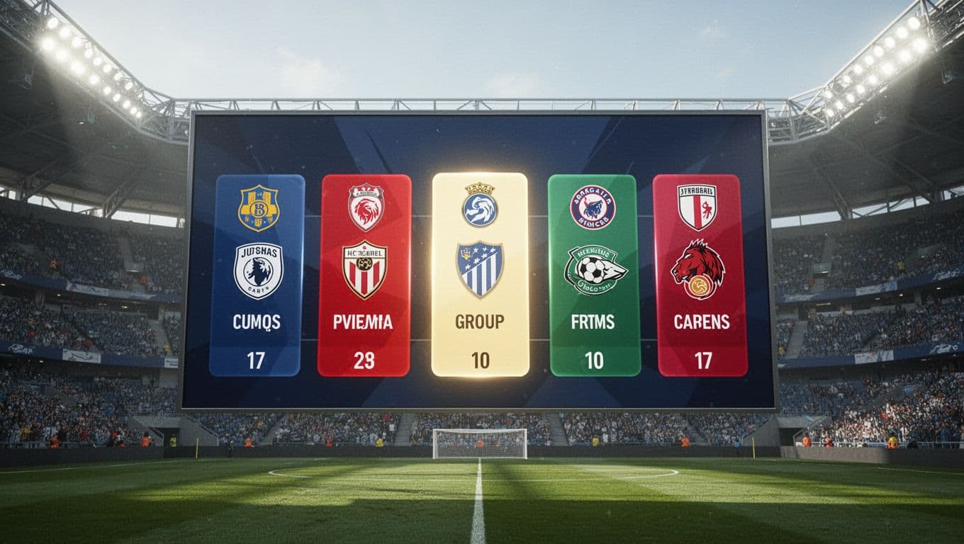 A professional sports graphics display shows a competition table for Group I with a blurred stadium in the background. The layout highlights the leading team positioned at the very top.