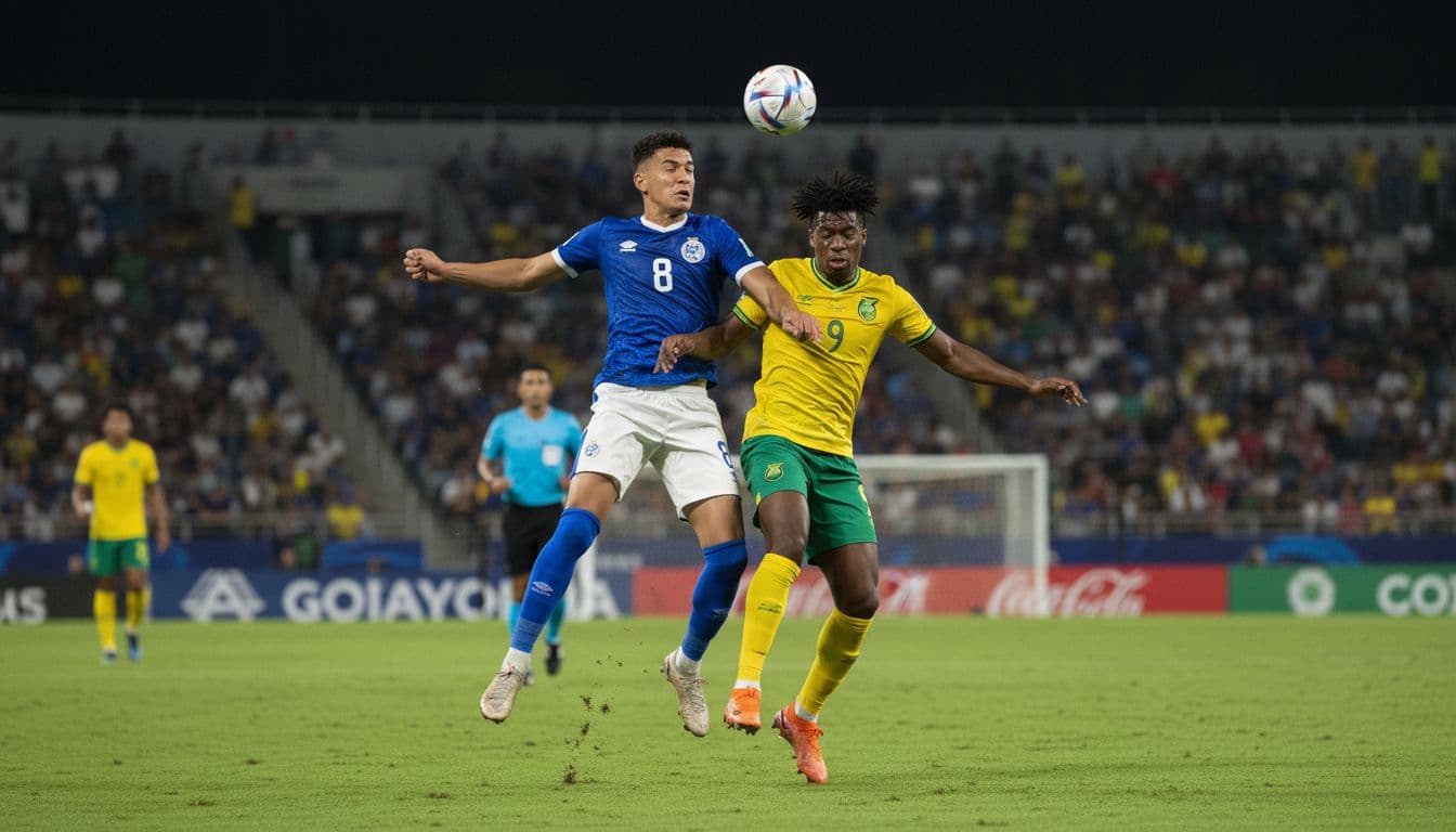 At Guadalajara Stadium in Mexico during the 2026 World Cup interconfederation playoff, a New Caledonia player leaps to defend against a Jamaican attacker in a tense aerial duel under night lights with blurred spectators.