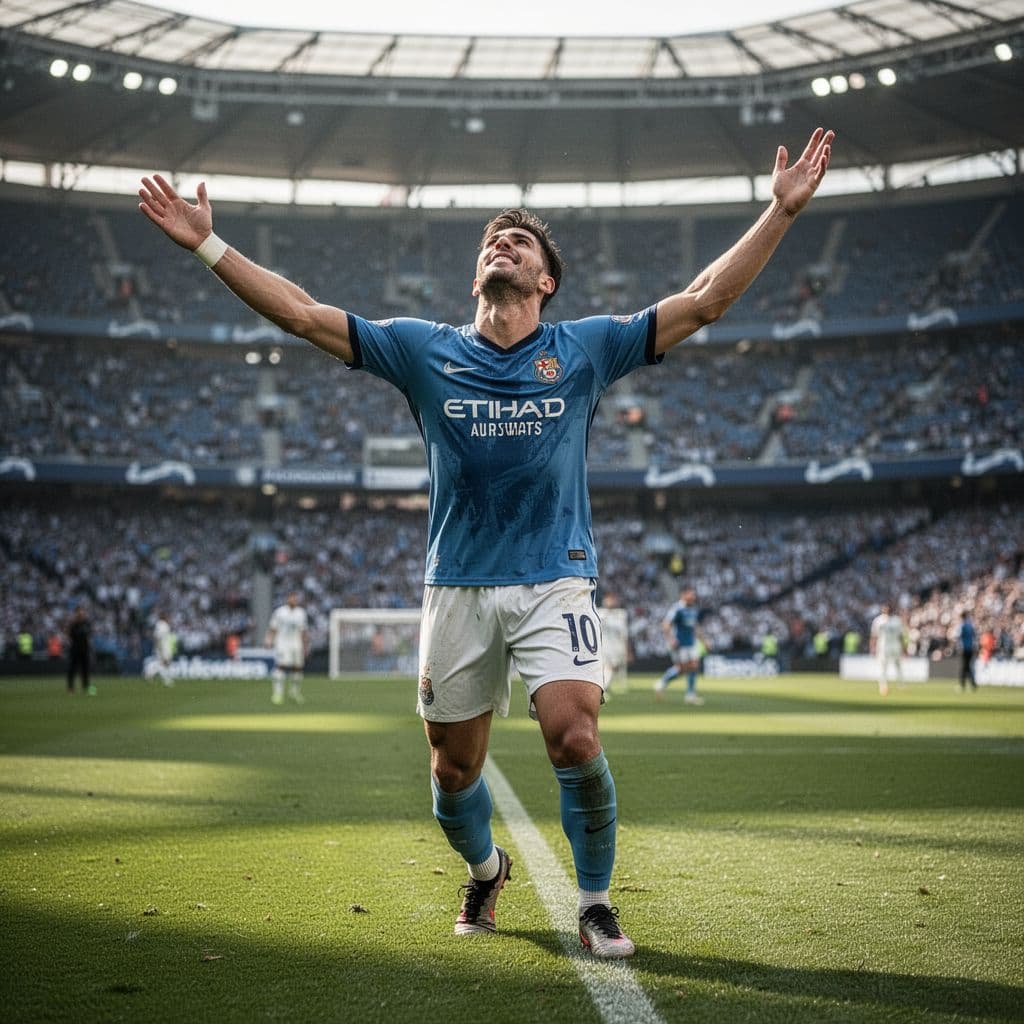 A professional soccer player celebrates a goal on a bright, sunny field with a blurred stadium background.