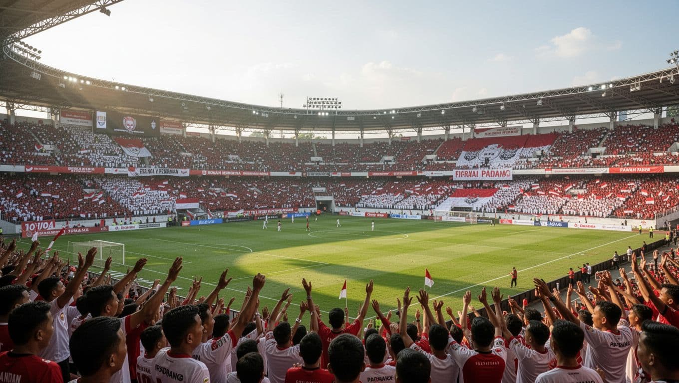 Wide view of H. Agus Salim Stadium in Padang during sunny Liga 1 match with cheering home crowd and away fans section.
