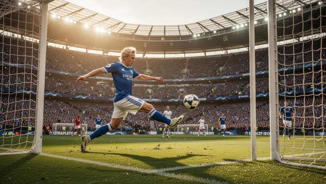 Pemain berambut pirang mengenakan seragam tim nasional Norwegia melakukan tendangan keras ke gawang. Stadion megah dipenuhi penonton yang bersorak antusias di latar belakang di bawah pencahayaan sore yang sangat hangat.