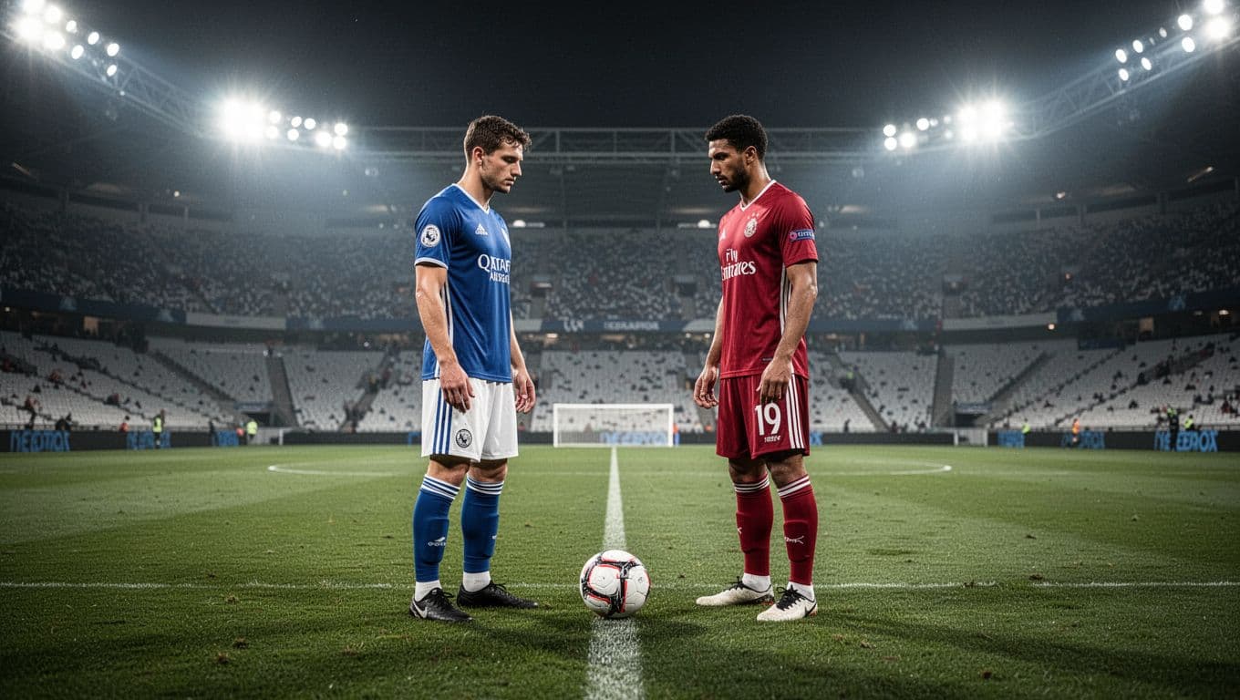 Two football players in opposing jerseys stand opposite each other on a massive stadium pitch. A lone ball rests on the grass between them under the glare of intense stadium floodlights.
