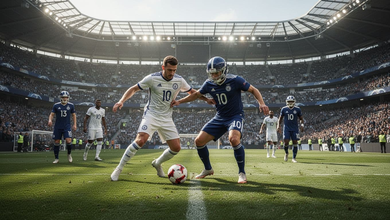 Two football players in colorful team uniforms vie for possession of the ball in the midfield. The sprawling modern stadium is filled with spectators under bright daylight, highlighting the intense competition.