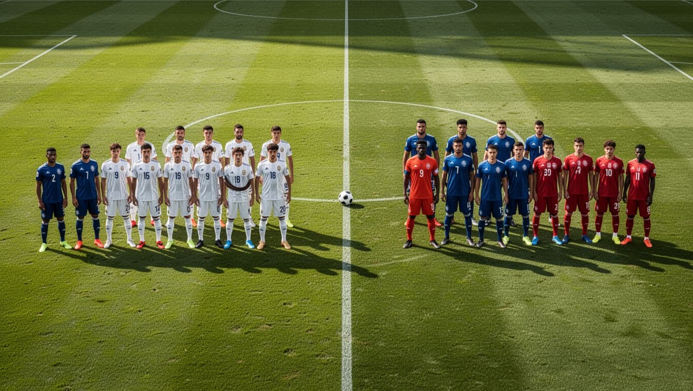 A split composition displays two contrasting football squads standing on pristine green grass. Each side features an isolated ball sitting on the pitch, highlighting a professional analytical view of player positioning.