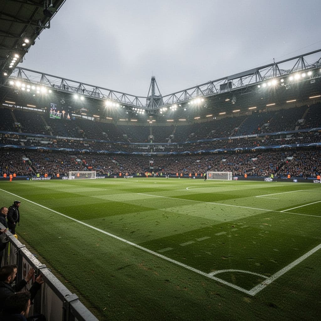 Wide sideline view of empty soccer field in large stadium during halftime, cloudy skies with stadium lights turning on, detailed grass.