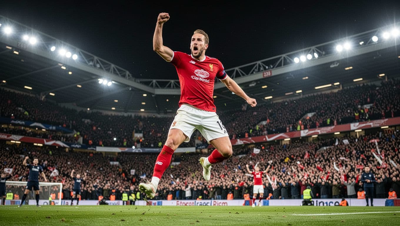 Harry Kane jumps fist-pumped in Bayern red jersey, three teammates celebrate around him, PSG players dejected, Allianz Arena crowd erupts in background.