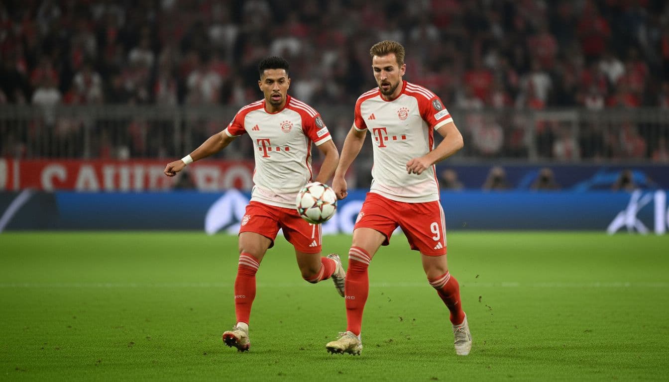 Harry Kane receives a pass from Luis Díaz in Bayern Munich's front line during a night Champions League match under stadium lights.