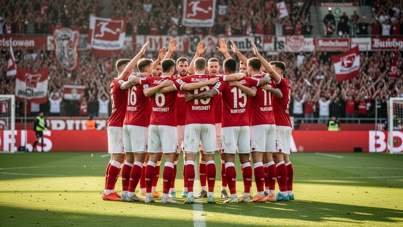 FC Heidenheim players in red-white kits huddle with raised arms on home pitch after full-time, fans cheering in sunny stadium background.