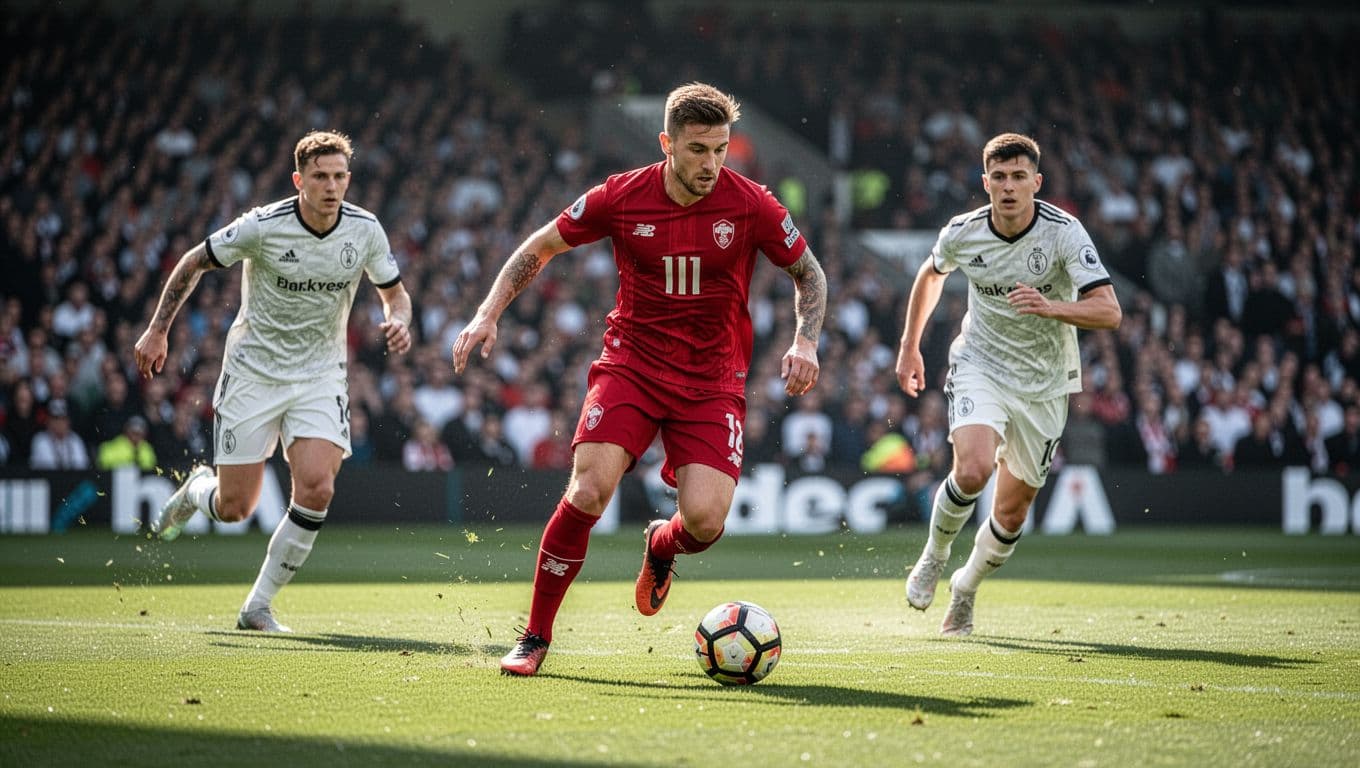 Heidenheim player dribbles ball on green pitch, chased by two Bayern defenders, blurred stadium crowd behind.