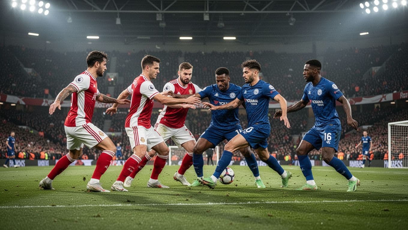Five Heidenheim players in red-white kits defend against five Bayern players in blue during intense Bundesliga midfield battle under floodlights.