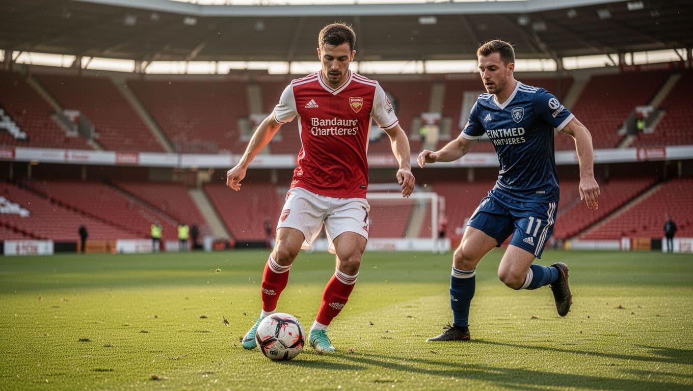 FC Heidenheim midfielder in red-white kit controls ball mid-stride on green pitch, opponent approaching from side, stadium stands behind.
