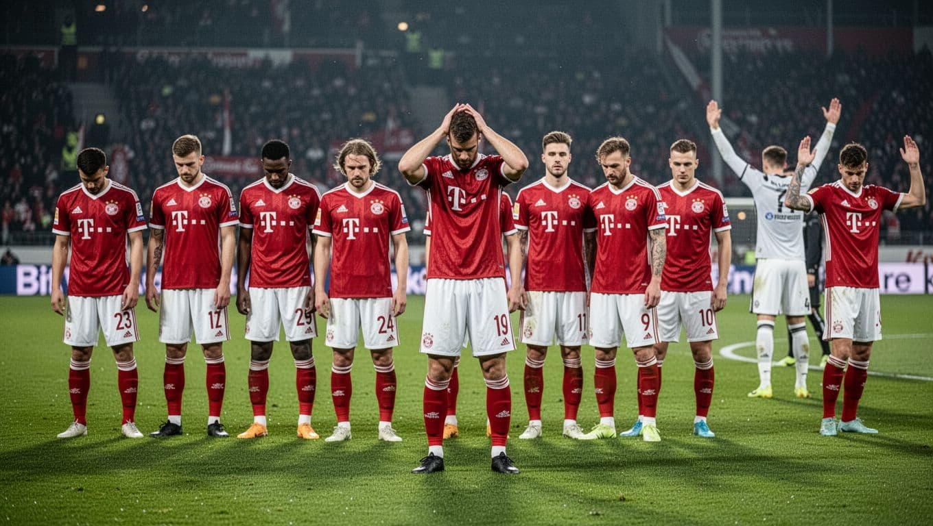 FC Heidenheim players in red-white kits look dejected on Bundesliga pitch after conceding late goal, defender hands on head, opponents celebrating behind under stadium lights.