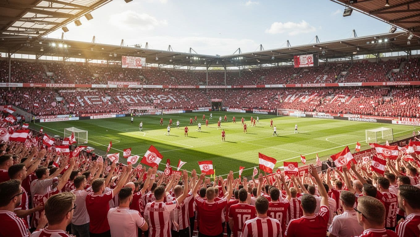 Voedestal stadium packed with red-white fans cheering during home Bundesliga match, players warming up on sunny pitch.