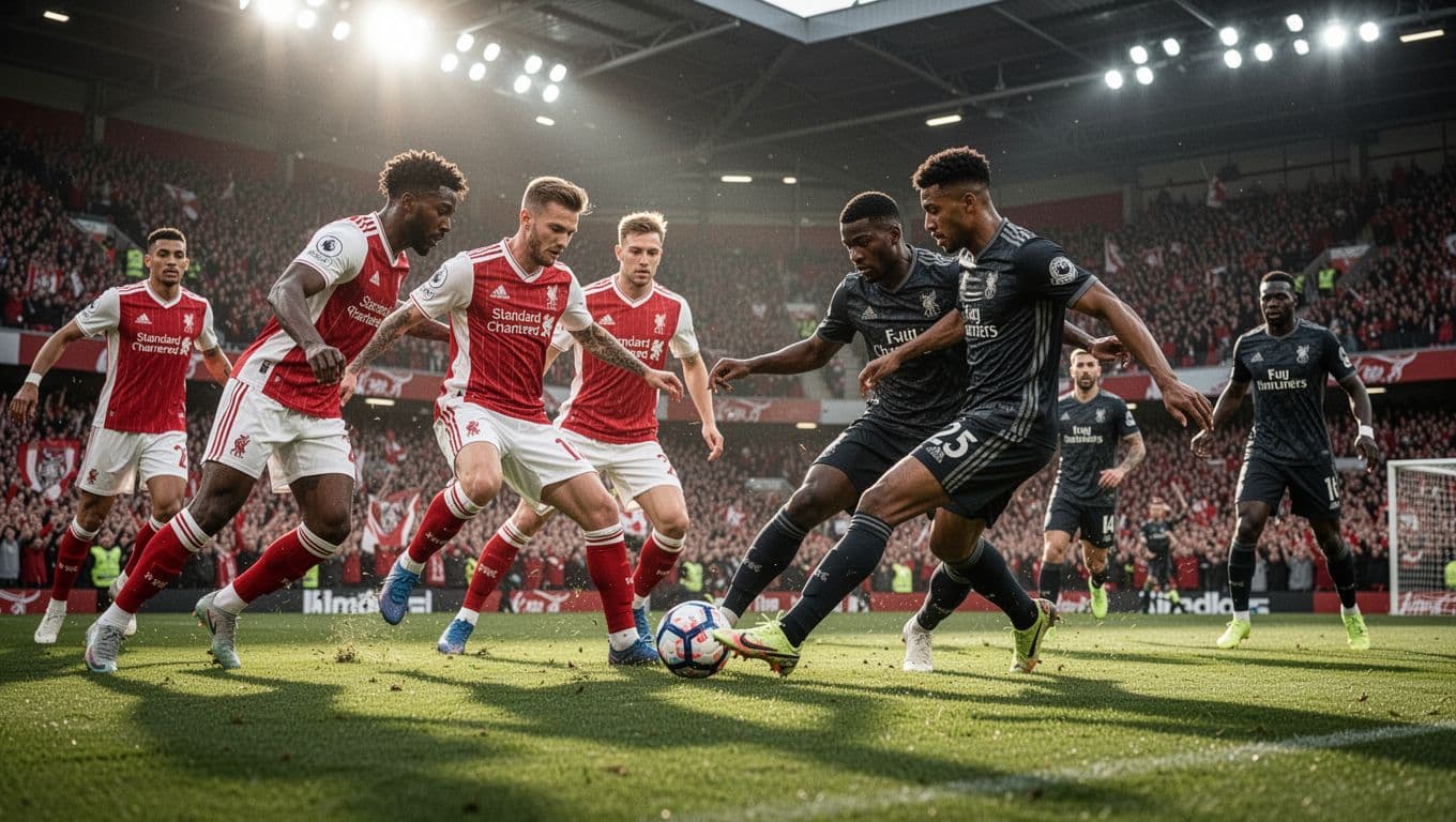 FC Heidenheim in red-white kits challenges Bayern Munich players for the ball in a packed stadium under bright lights.