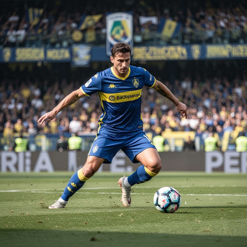 Hellas Verona player in blue-yellow kit lunges for ball on Serie A pitch with blurred stadium background.