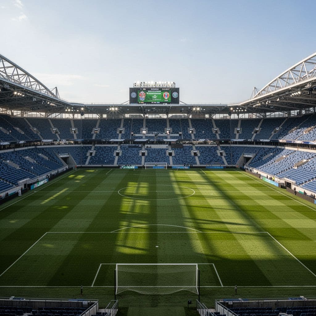 High-angle view of modern football stadium focused on green pitch with distant scoreboard.
