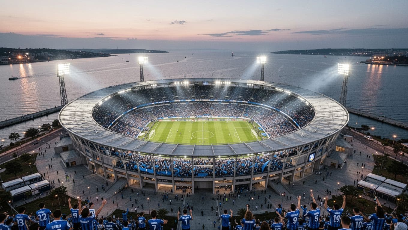 Aerial view of Hill Dickinson Stadium packed with Everton fans in blue jerseys under evening floodlights, sea in background.