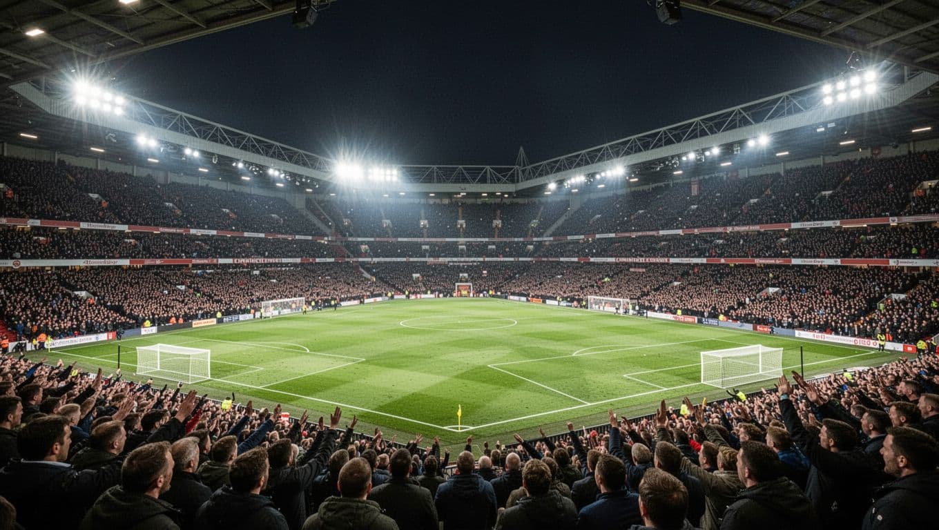 A crowded historic English football stadium illuminated by bright floodlights during an intense night match.