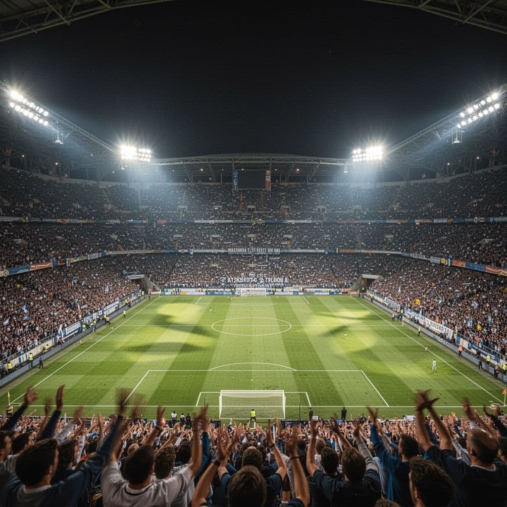 Massive historic Italian football stadium at night with bright floodlights over crowded stands and green pitch.