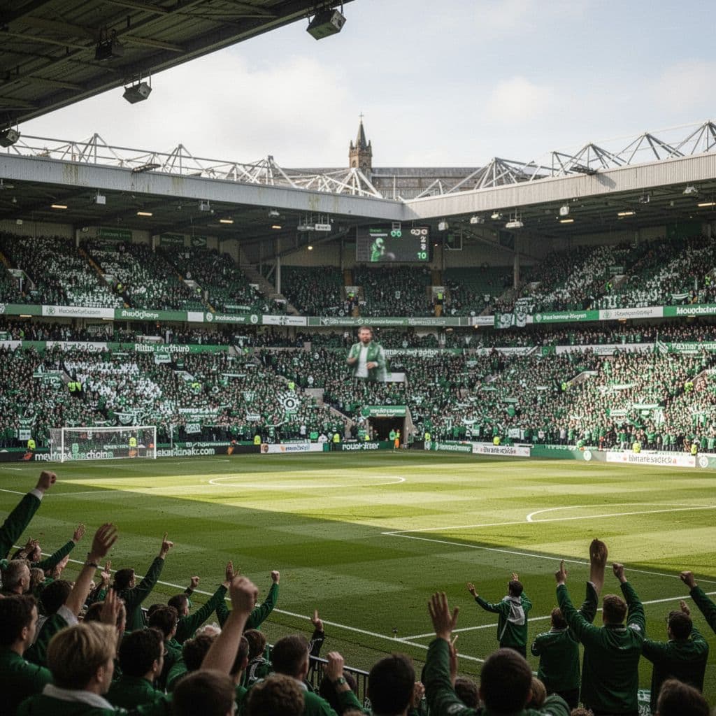 A crowded historic Scottish stadium features green and white stands surrounding a pristine grass pitch.