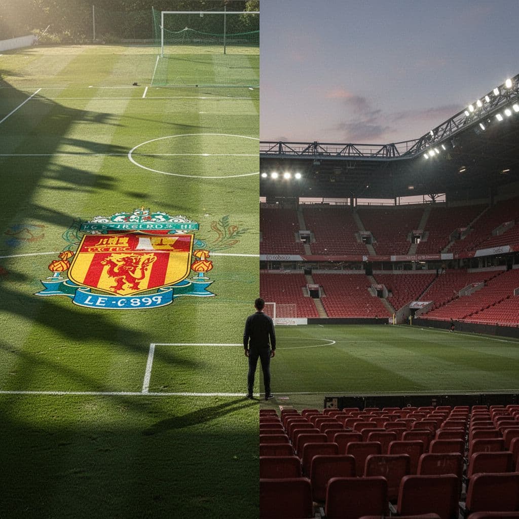 Split screen shows vibrant home football field left and twilight away stadium right with central figure.