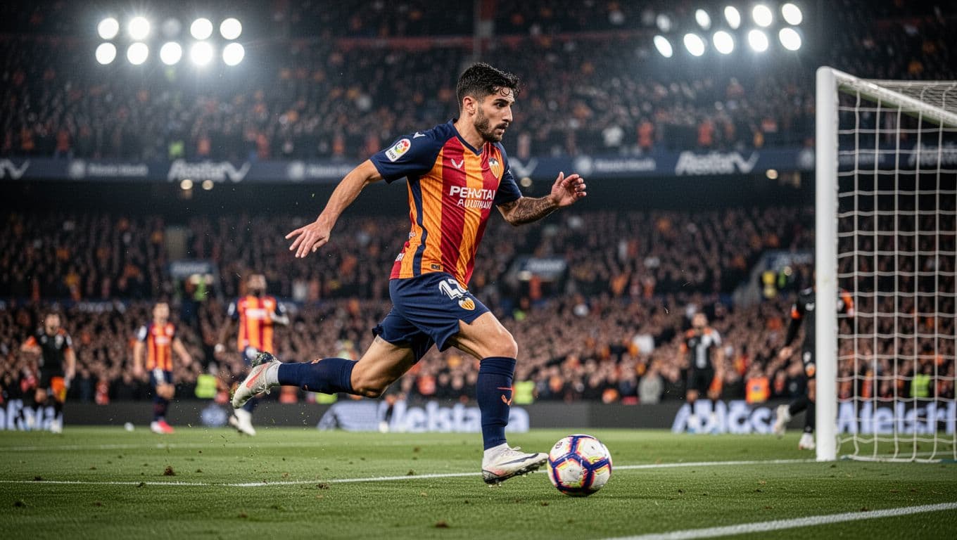 Hugo Duro sprints with ball on right foot toward opponent's goal amid Mestalla stadium fans at night under bright lights.