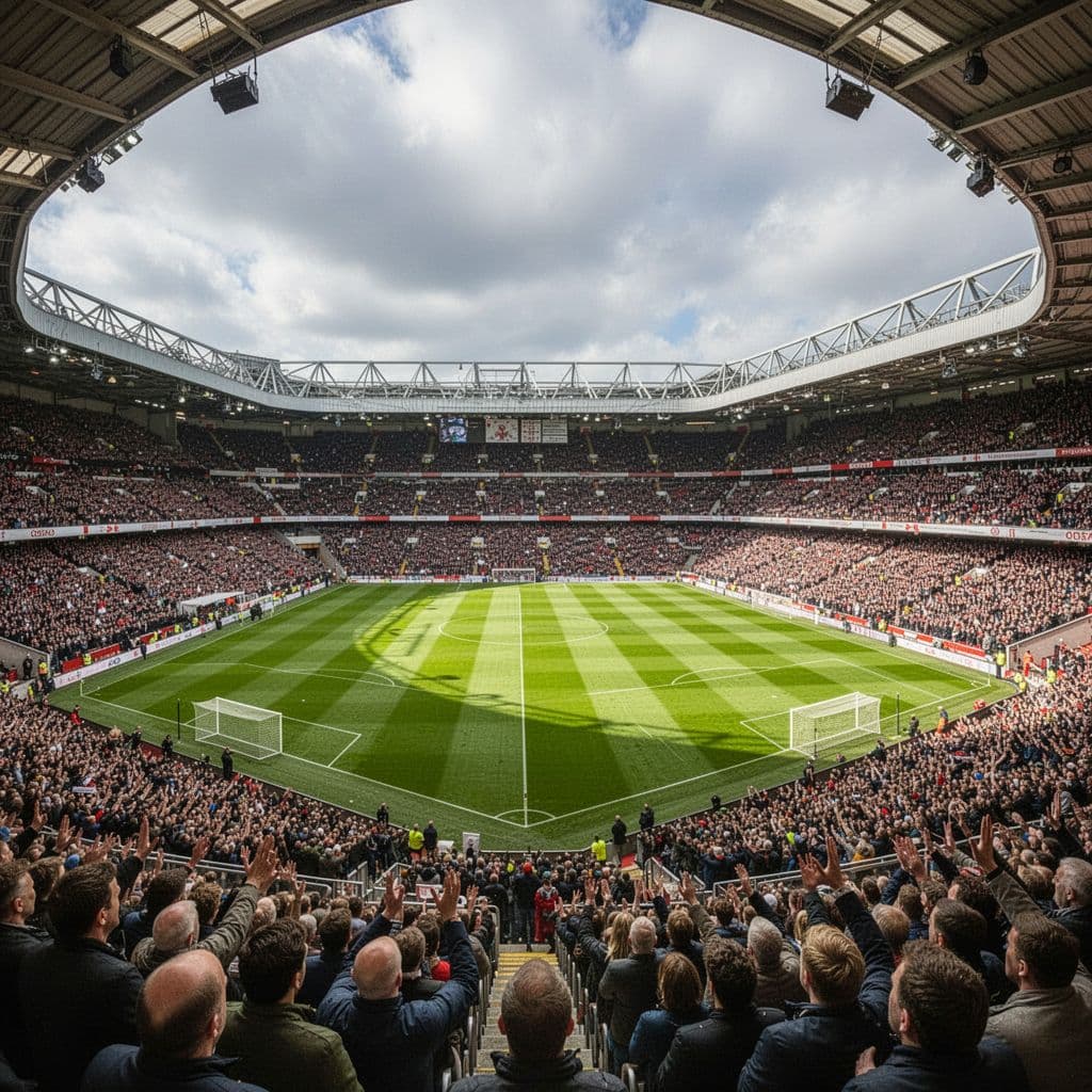 A crowded football stadium with a green grass pitch under a cloudy sky.