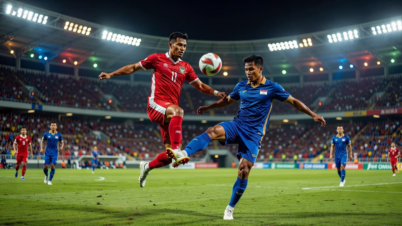 Players in red and blue kits battle for ball possession on a lush green pitch under bright stadium floodlights. A blurred stadium crowd fills the glowing background during this nighttime encounter.