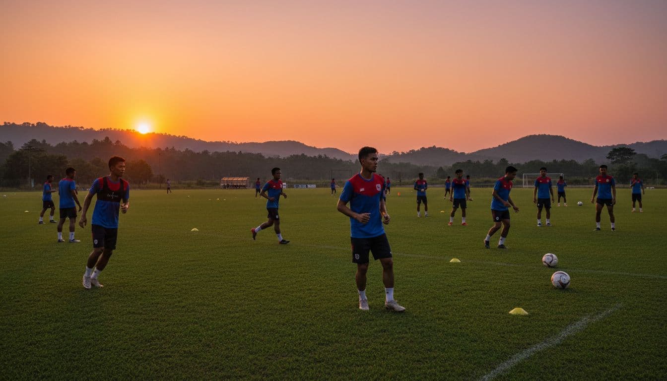 Professional football players train with focused determination on a grass field during a golden sunset.