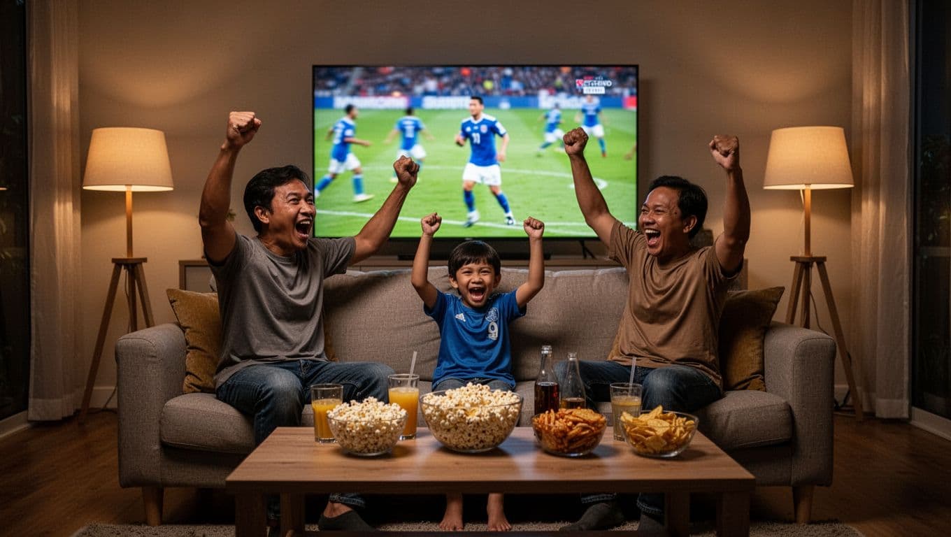 Indonesian family of three cheers with raised hands in dim living room, watching blurred Everton vs Manchester City soccer action on large TV amid snacks.