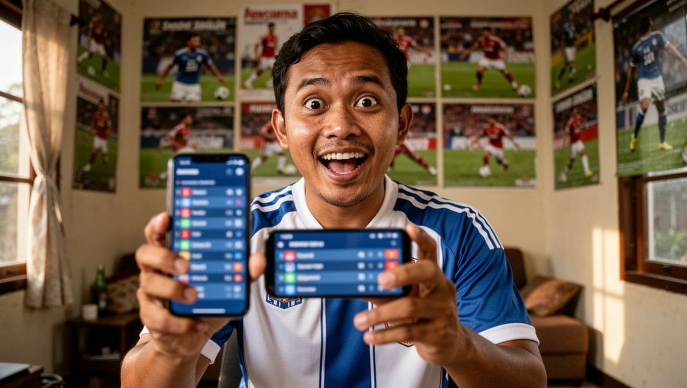 Indonesian fan in FC Augsburg jersey holds smartphone showing blurred tight mid-table Bundesliga standings, excited in cozy room with football posters.