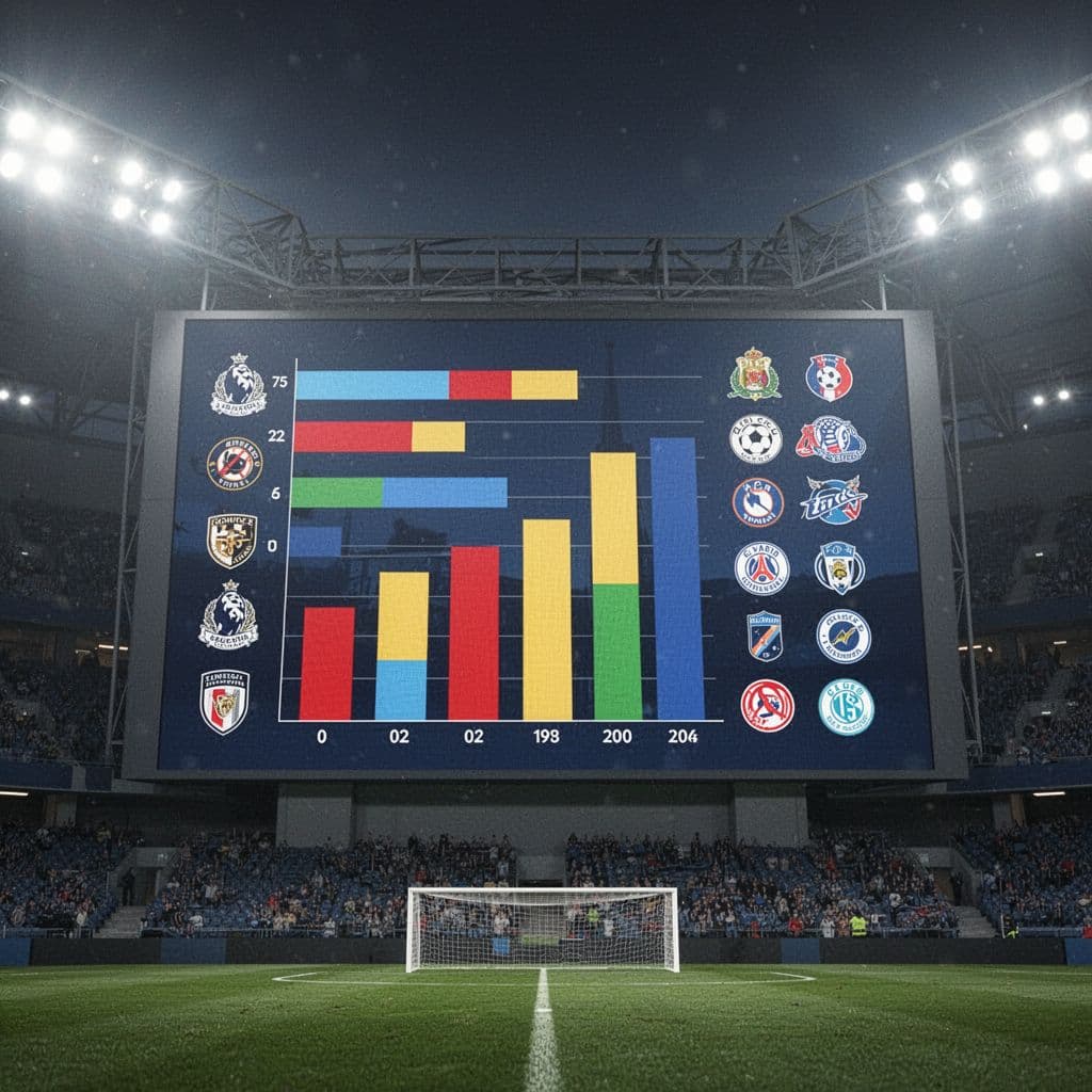 A close-up view of a stadium digital scoreboard displaying the current football league team rankings.