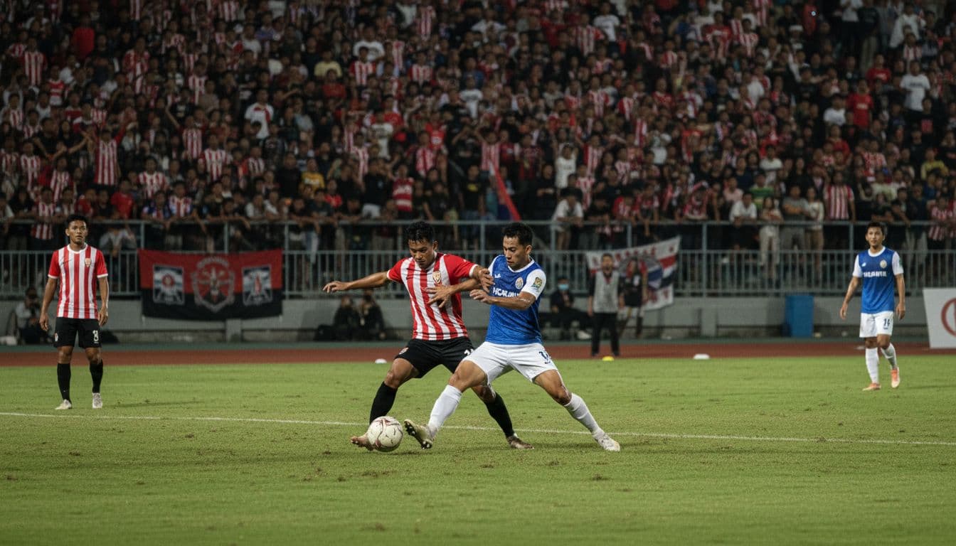 Players from two Indonesian football teams tackle fiercely on floodlit pitch with packed chanting stands.